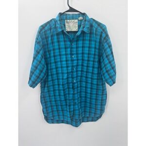 Shah Safari World Wide Mens L Turquoise Black Plaid Short Sleeve Button Shirt